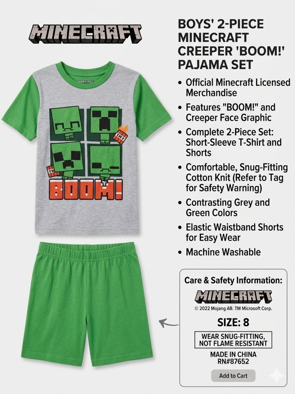 Boys' 2-Piece Minecraft Creeper "BOOM!" Pajama Set - Picture 4 of 5